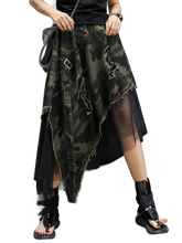 Load image into Gallery viewer, 'Vanguard' Distressed Camo Denim Tulle Maxi Skirt product image