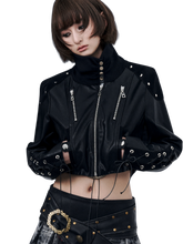 Load image into Gallery viewer, DYSTOPIAN Streetwear | Cropped High Collar Studded Moto Jacket