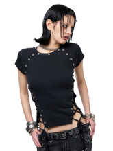 Load image into Gallery viewer, Black Cropped Eyelet Lace Up T-Shirt product image