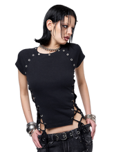Load image into Gallery viewer, Black Cropped Eyelet Lace Up T-Shirt product image