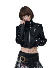 Load image into Gallery viewer, DYSTOPIAN Streetwear | Cropped High Collar Studded Moto Jacket