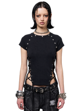 Load image into Gallery viewer, Black Cropped Eyelet Lace Up T-Shirt product image