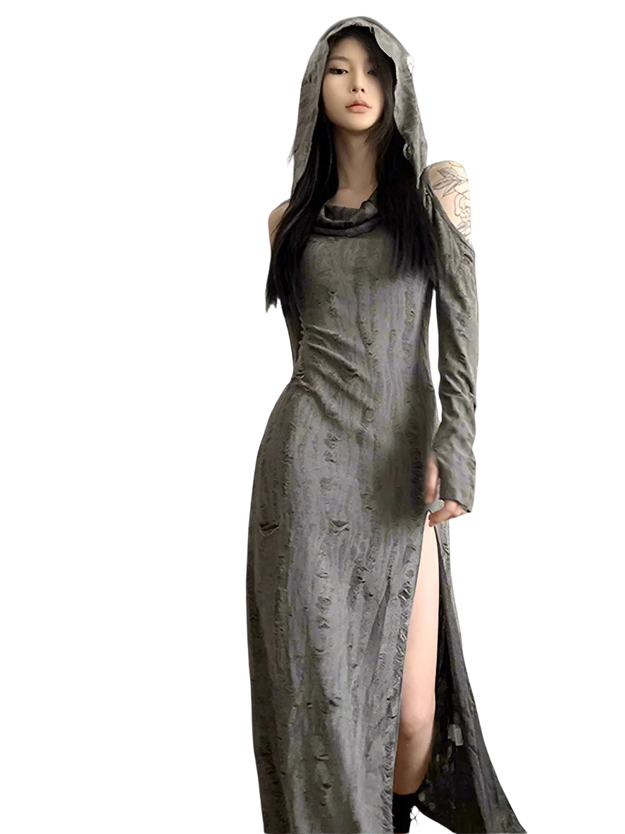 Tattered Slit Maxi Dress with Hood