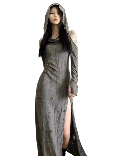 Tattered Slit Maxi Dress with Hood