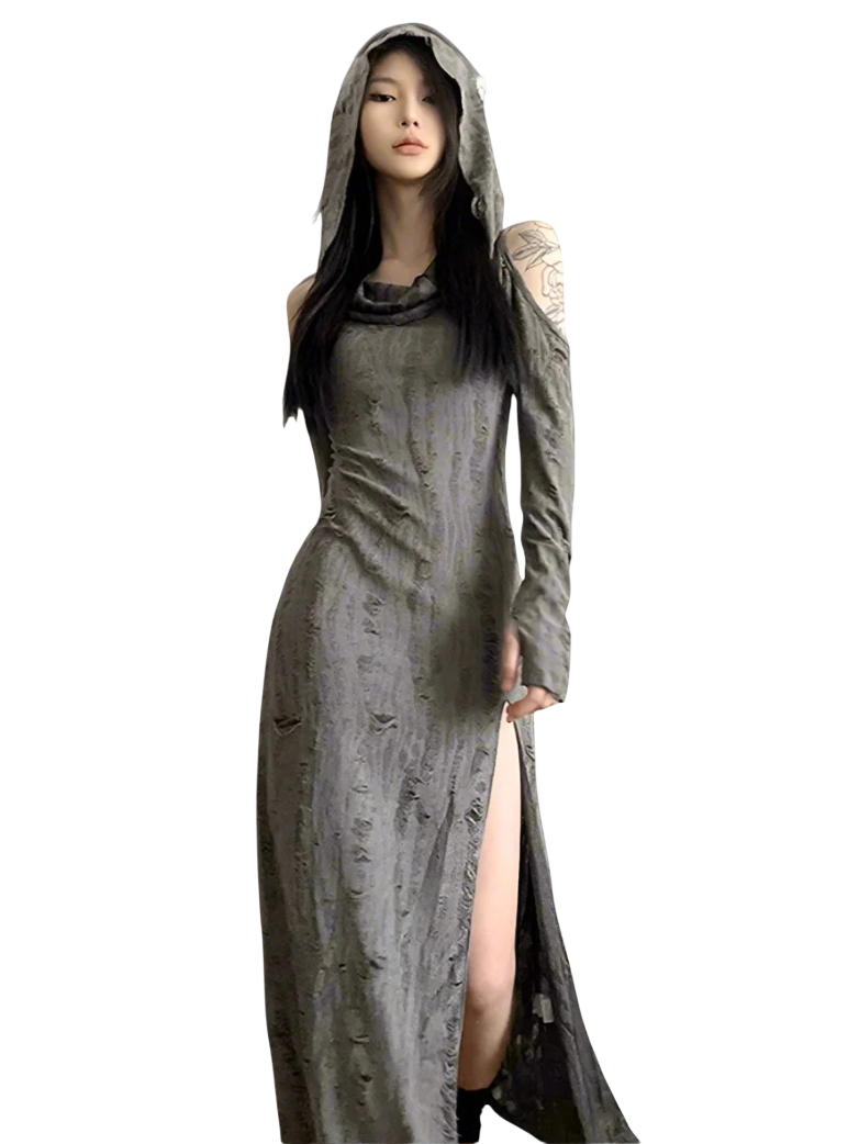 Tattered Slit Maxi Dress with Hood