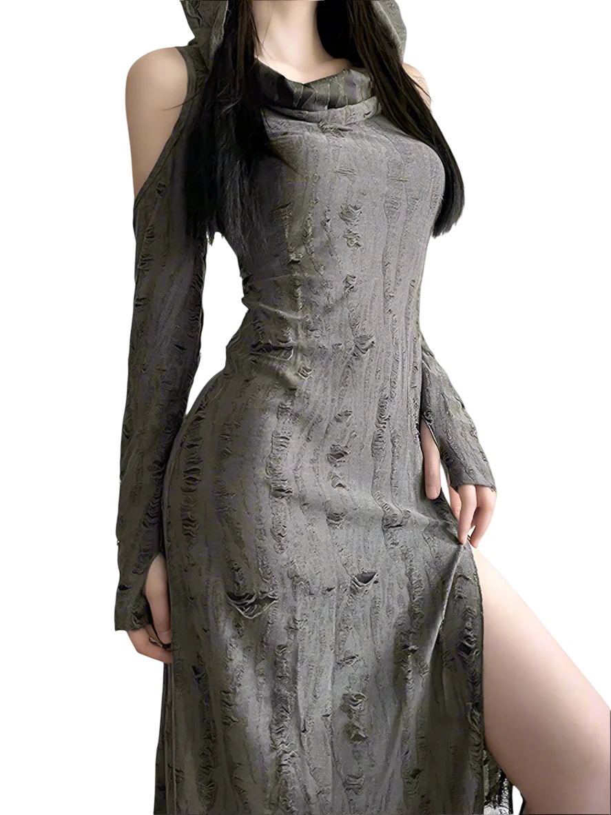 Tattered Slit Maxi Dress with Hood