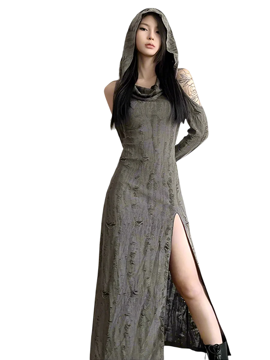 Tattered Slit Maxi Dress with Hood