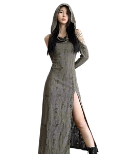 Tattered Slit Maxi Dress with Hood