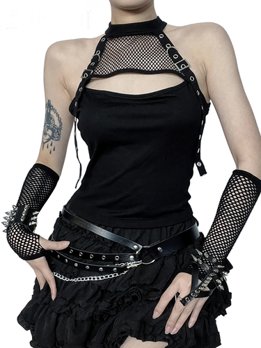 'Nocturnal' Belted Mesh Halter Tank Top