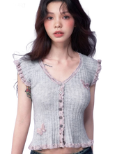 Load image into Gallery viewer, Butterfly Embellished Short Sleeve Knit Blouse