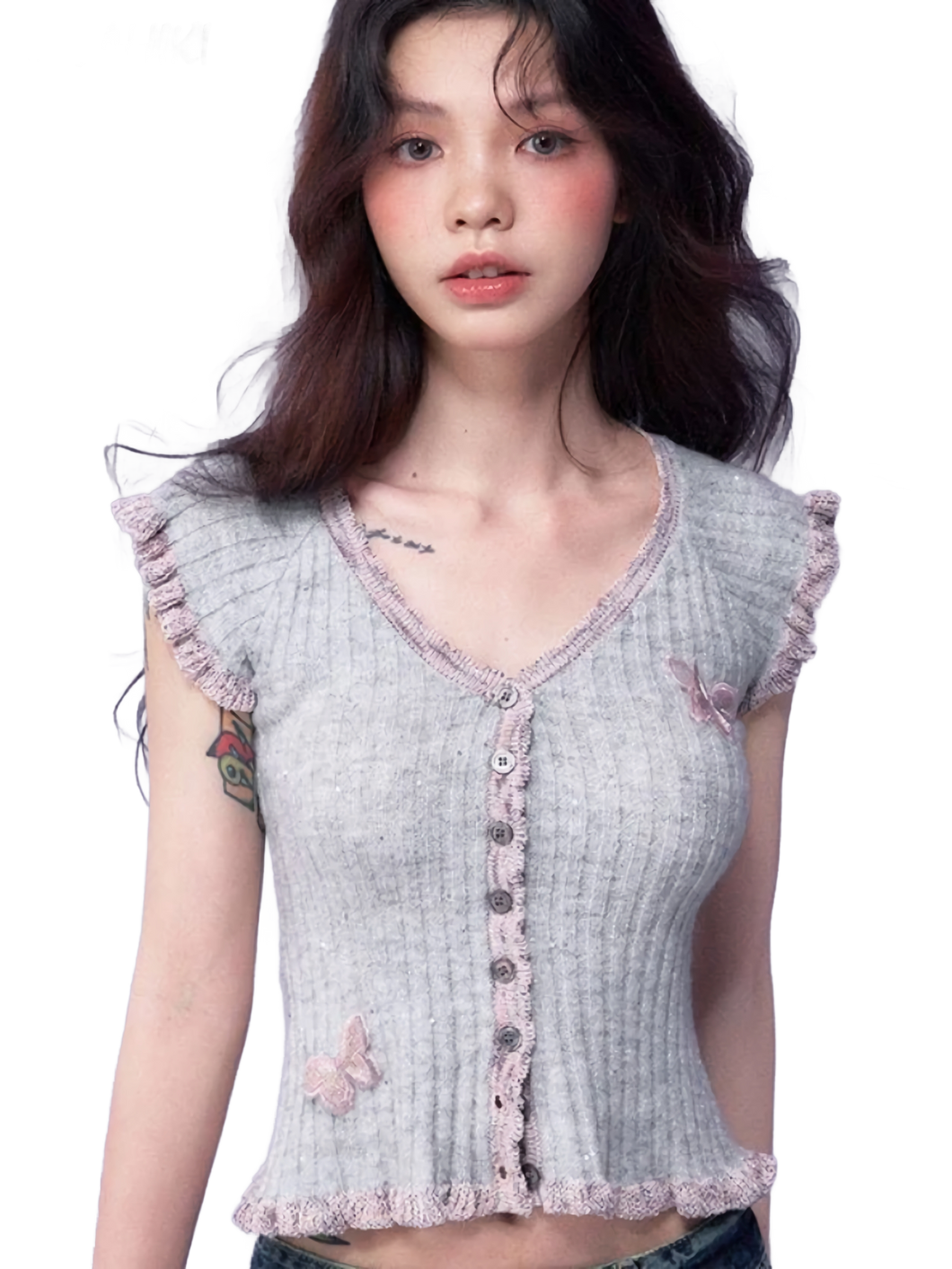 Butterfly Embellished Short Sleeve Knit Blouse