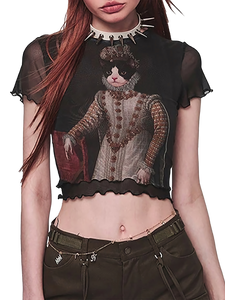 'Distinguished' Feline Graphic Mesh Crop Top