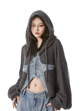 Load image into Gallery viewer, Cropped Charcoal Knit Hoodie with Star Motif