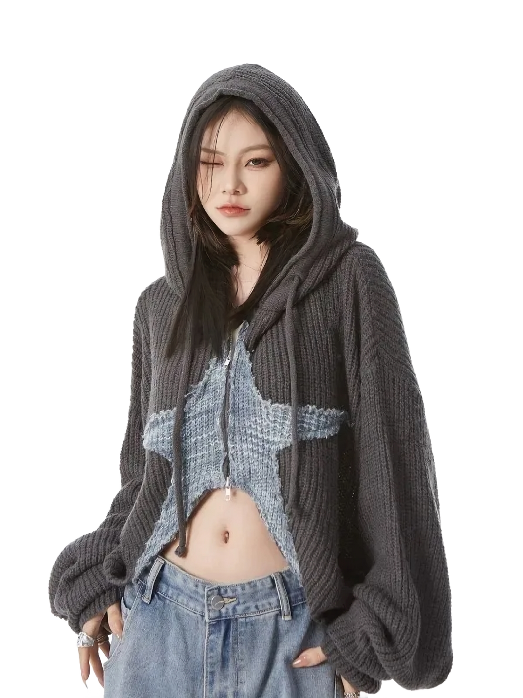 Cropped Charcoal Knit Hoodie with Star Motif