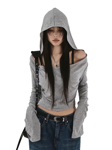 Minimalist Off-Shoulder Cropped Hoodie