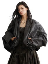 Load image into Gallery viewer, Pleated Shawl-Collar Vegan Leather Jacket