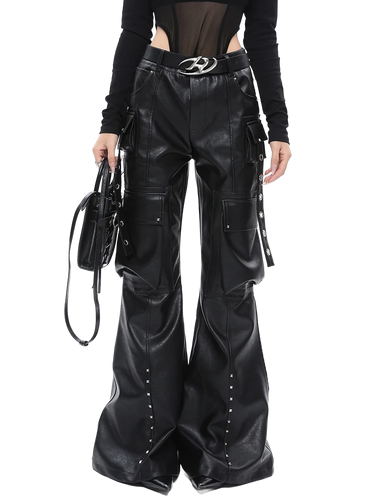 'Specter' Wide Leg Black Leather Cargo Pants