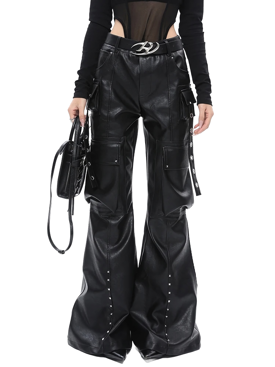 'Specter' Wide Leg Black Leather Cargo Pants