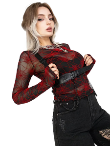 Crimson Web Sheer Mesh Long Sleeve Top