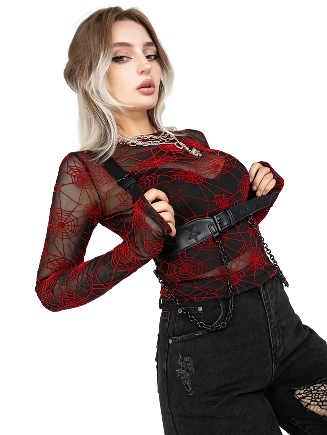 Crimson Web Sheer Mesh Long Sleeve Top