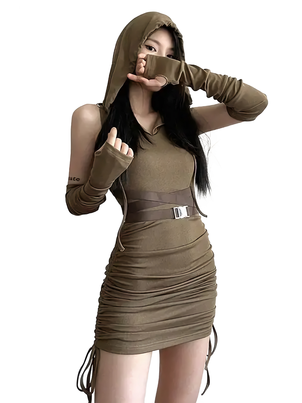 'Sicarius' Olive Hooded Mini Dress