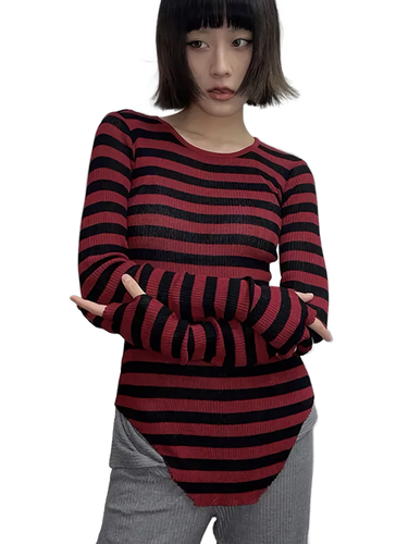 Striped Knit Long Sleeve Cotton Tee