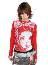 Load image into Gallery viewer, Portrait Print Red Raglan Long Sleeve Tee
