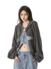 Load image into Gallery viewer, Cropped Charcoal Knit Hoodie with Star Motif