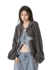 Cropped Charcoal Knit Hoodie with Star Motif