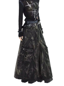 'Outcast' Rugged Black Denim Cargo Maxi Skirt