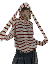 Load image into Gallery viewer, Striped Bunny-Ear Knit Hoodie