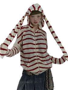 Striped Bunny-Ear Knit Hoodie