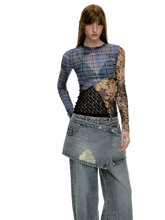 Load image into Gallery viewer, 'Runes' Plaid Patchwork Stretch-Mesh Long Sleeve Top