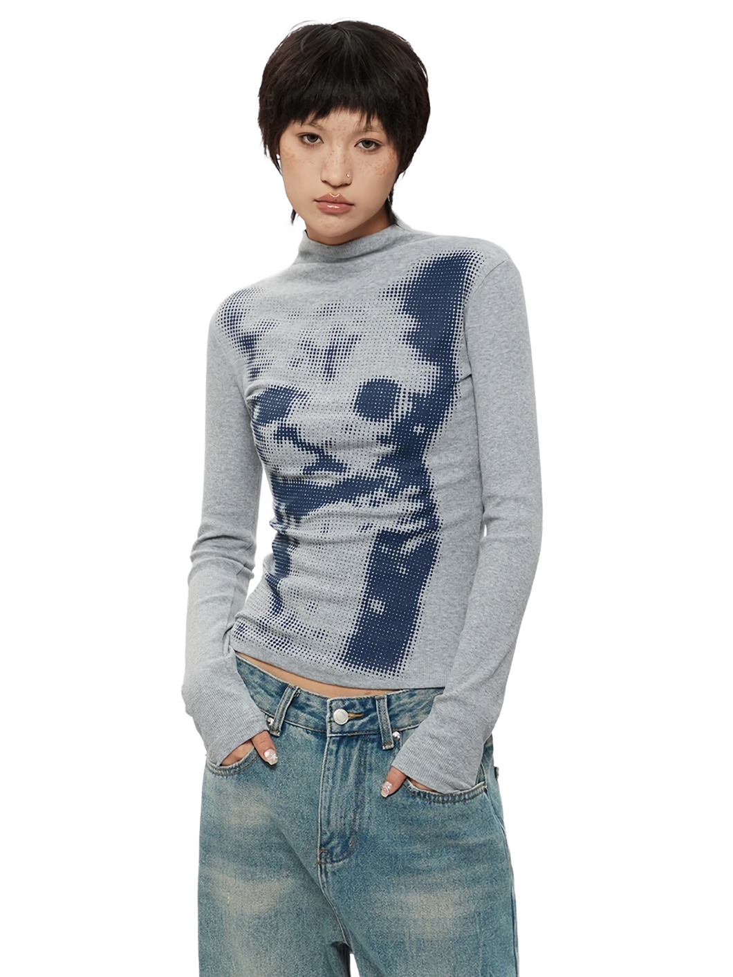 Pixel Kitty High-Neck Long Sleeve Tee