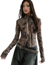 Load image into Gallery viewer, Marbled Chiffon Tie-Neck Buttoned Long Sleeve Top