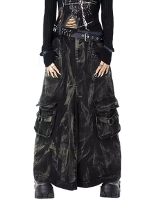 'Outcast' Rugged Black Denim Cargo Maxi Skirt