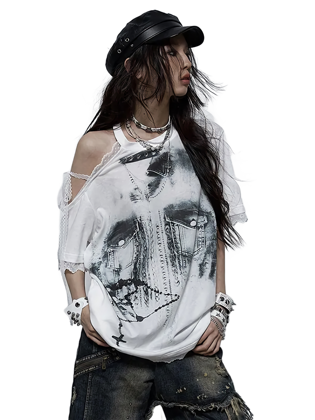 'Eldritch' Abstract Off Shoulder Lace Accent T-Shirt