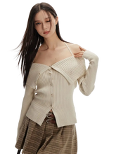 Load image into Gallery viewer, Off-Shoulder Ribbed Knit Cardigan