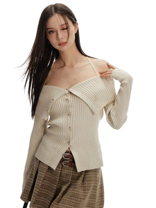 Off-Shoulder Ribbed Knit Cardigan