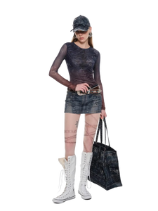 Denim-Print Sheer Mesh Long Sleeve Tee