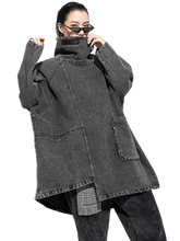 Load image into Gallery viewer, Washed Denim High-Neck Oversized Pocket Sweatshirt