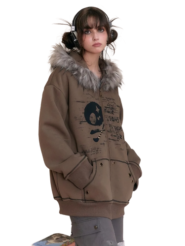 'Forgotten' Fur-Trimmed Oversized Cotton Hoodie