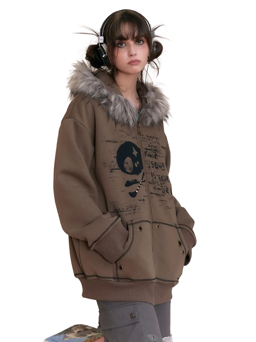 'Forgotten' Fur-Trimmed Oversized Cotton Hoodie