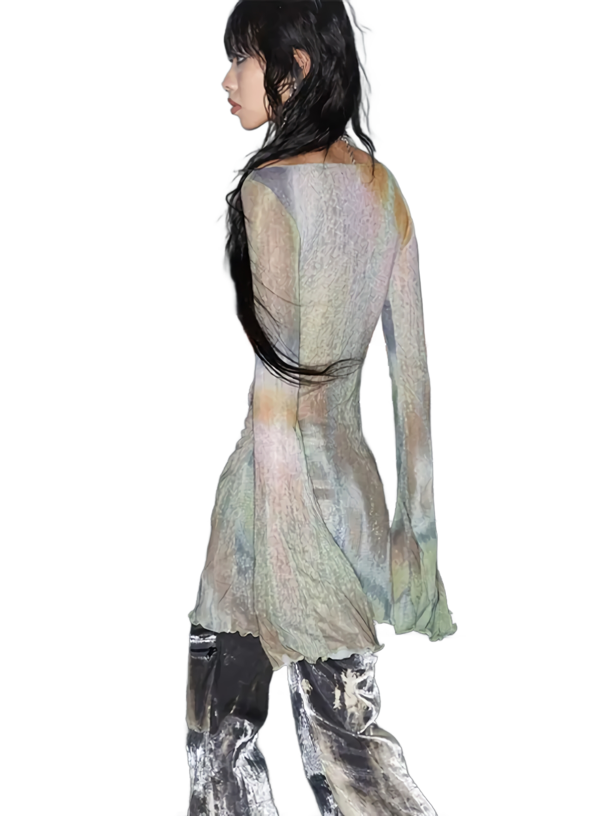 Flare Sleeve Sheer Mesh Top in Abstract Pastel | DYSTOPIɅN ™️ – DYSTOPIɅN