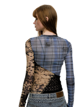Load image into Gallery viewer, 'Runes' Plaid Patchwork Stretch-Mesh Long Sleeve Top