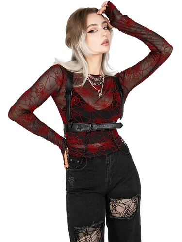 Crimson Web Sheer Mesh Long Sleeve Top