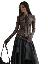 Load image into Gallery viewer, Marbled Chiffon Tie-Neck Buttoned Long Sleeve Top