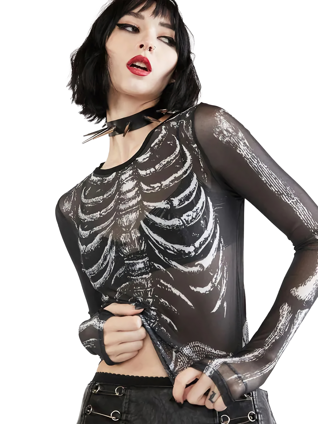 Skeletal Sheer Mesh Long Sleeve Tee