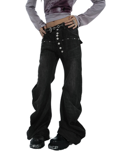 Studded Wide-Leg Black Denim Jeans
