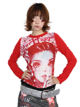 Load image into Gallery viewer, Portrait Print Red Raglan Long Sleeve Tee